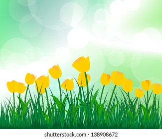Summer meadow background with tulips. EPS 10 vector illustration with transparency and meshes.