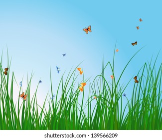 Summer meadow background with tulips. EPS 10 vector illustration with transparency and meshes.