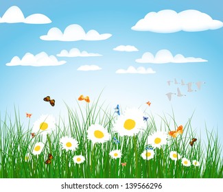 Summer meadow background with tulips. EPS 10 vector illustration with transparency and meshes.