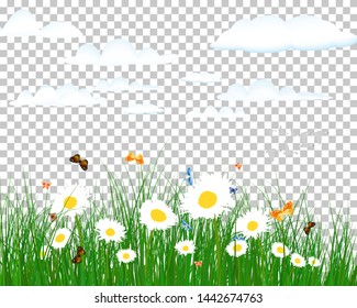 Summer meadow background with tulips. EPS 10 vector illustration with transparency and meshes.