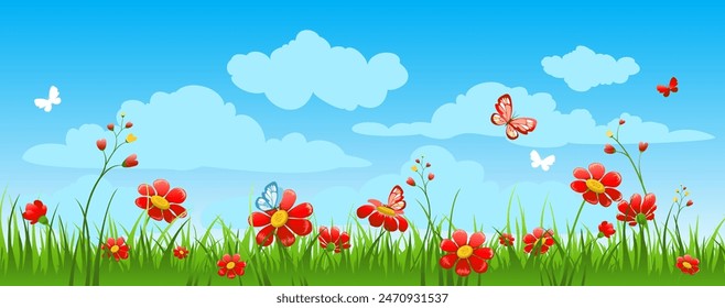 Summer meadow banner with sky, red flowers and grass. Natural illustration for design flyers, banners, leaflets, posters, advertising, sale