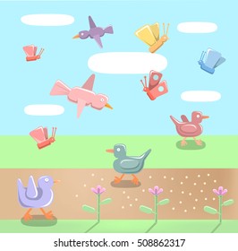 Summer meadow with birds and butterflies.