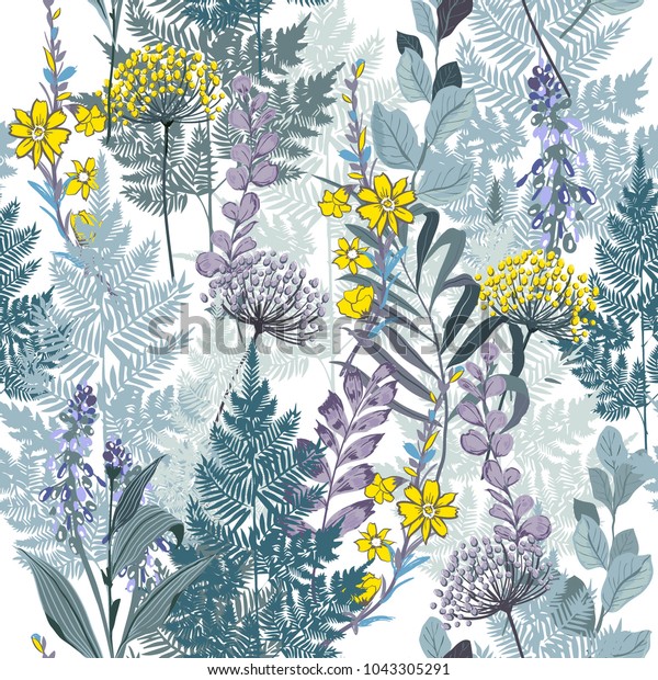 夏に咲く牧草地に咲く花柄のモノトーンブルーの模様が多種類の花に 熱帯植物 ファッションプリント用のシームレスなベクター画像 白い背景に手描きのスタイルで印刷 のベクター画像素材 ロイヤリティフリー