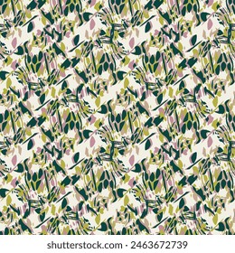 Summer meadow botanical hand drawn vector pattern. Retro fashion garden backdrop for decorative green pink floral seamless swatch. . 3D Illustration