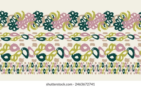 Summer meadow botanical hand drawn vector border. Retro fashion garden backdrop for decorative green pink floral seamless bordur. . 3D Illustration