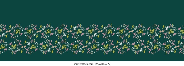 Summer meadow botanical hand drawn vector border. Retro fashion garden backdrop for decorative green pink floral seamless bordur. . 3D Illustration