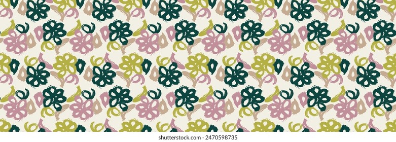 Summer meadow botanical hand drawn vector border. Retro fashion garden backdrop for decorative green pink floral seamless bordur. . 3D Illustration