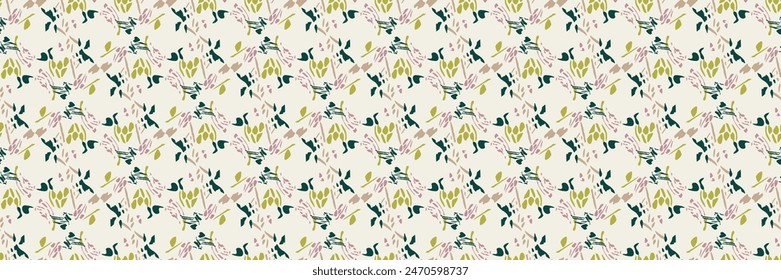 Summer meadow botanical hand drawn vector border. Retro fashion garden backdrop for decorative green pink floral seamless bordur. . 3D Illustration