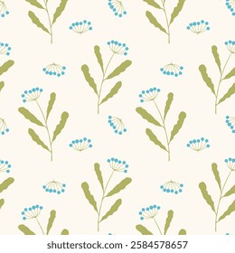 Summer meadow, botanical pattern, twigs with blue berries on light background. Summer atmosphere, sunny meadow with herbs.