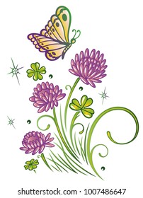 Summer meadow with clover and butterfly. 