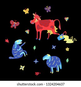 Summer meadow doodle with a cow kicking a bucket with milk and sheep. The decorative picture with small elements: insects, flowers and leaves.