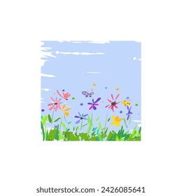 Summer meadow, field, flowering meadow, vector illustration. Blue sky background.