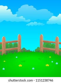 Summer meadow field. Nature background with sun, sunny rays, green grass landscape, trees, clouds, sky. Interface background