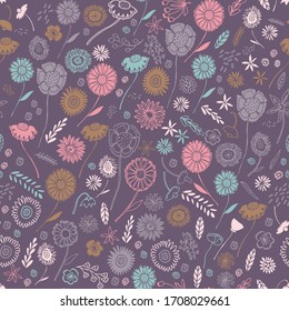 Summer meadow floral vector repeat pattern with dark background. Great for home decor, wrapping, scrapbooking, wallpaper, gift, kids. 