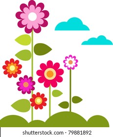 summer meadow with flowers and clouds, vector illustration