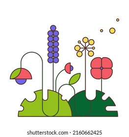 Summer meadow with flowers, flat vector illustration. Cute card with flowering plants