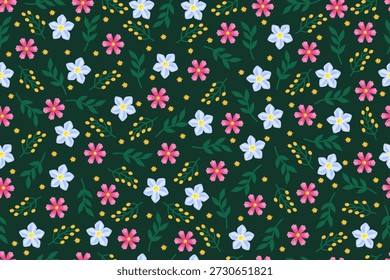 Verão prado flores sem costura padrão. Fundo de vetor floral de primavera com flor azul e rosa, galhos com botões amarelos e folhas verdes.