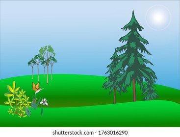 Summer meadow with flowers, trees and a butterfly