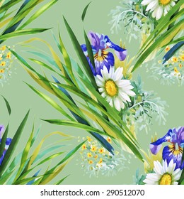 Summer meadow flowers watercolor seamless pattern on green background vector illustration
