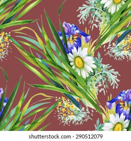 Summer meadow flowers watercolor seamless pattern on brown background vector illustration
