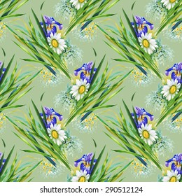 Summer meadow flowers watercolor seamless pattern on green background vector illustration
