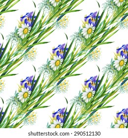 Summer meadow flowers watercolor seamless pattern on white background vector illustration
