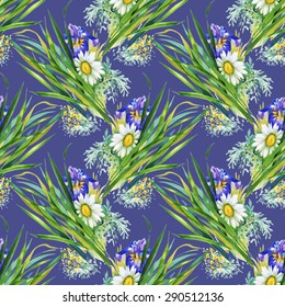 Summer meadow flowers watercolor seamless pattern on blue background vector illustration
