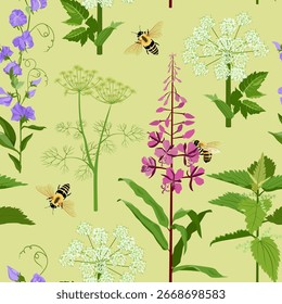 Summer meadow grasses and flowers and bees, are depicted in this vector illustration. It can be used for decorating textiles, packaging, or wallpaper.