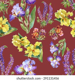 Summer meadow iris flowers watercolor seamless pattern on vinous background vector illustration