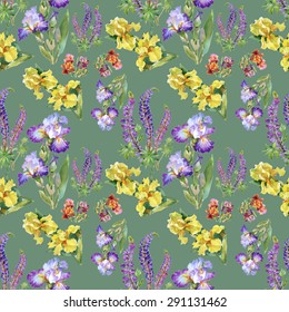 Summer meadow iris flowers watercolor seamless pattern on green background vector illustration