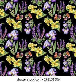 Summer meadow iris flowers watercolor seamless pattern on black background vector illustration