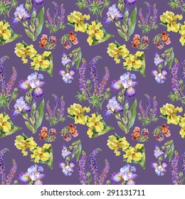 Summer meadow iris flowers watercolor seamless pattern on purple background vector illustration