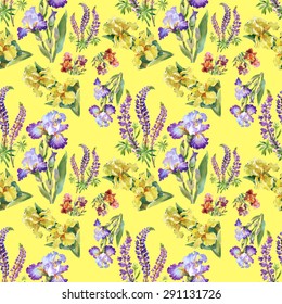 Summer meadow iris flowers watercolor seamless pattern on yellow background vector illustration