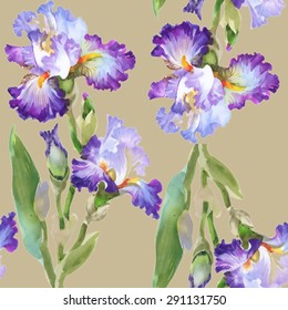 Summer meadow iris flowers watercolor seamless pattern on beige background vector illustration