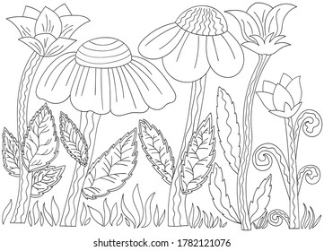 Summer meadow landscape with grass, large decorative flowers. Illustration for a children's book for coloring, postcard, background.Outline drawing.