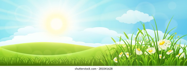 Summer meadow landscape with green grass, flowers, hills and sun