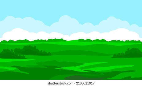 Summer meadow landscape, green valley with blue sky and white clouds. Flat vector illustration. Nature background. 