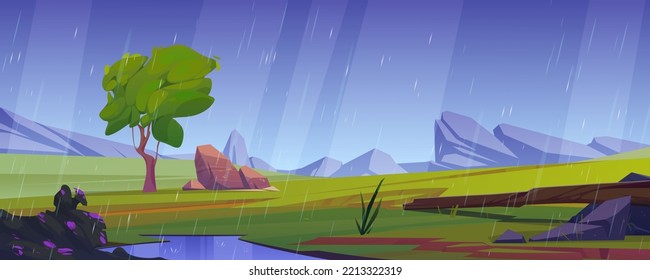 Summer meadow in mountain valley in rain. Countryside landscape with green grass, tree, stones, log and rocks on horizon in rainy weather, vector cartoon illustration