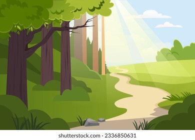 Sommerwiese bei Waldkonzept. Bäume in der Frühlingssaison in der Nähe des Weges. Schönes Naturpanorama oder Landschaft. Bushs und Steine unter dem Himmel mit Wolken. Cartoon-Flavektor-Vektorgrafik