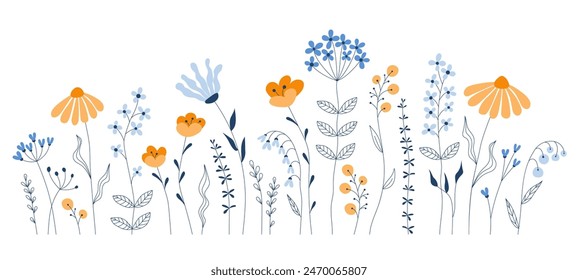 Summer meadow plants  vector seamless border pattern.   Floral field in line art style