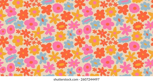 Summer meadow seamless floral pattern. Cute colorful background with doodle flowers