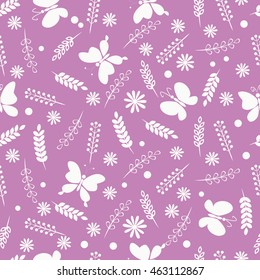 Summer meadow, Seamless floral pattern with herbs, flowers and butterflies