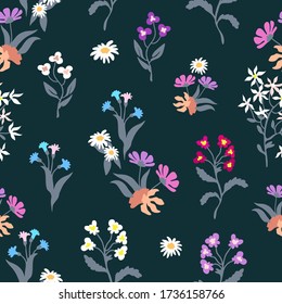 Summer meadow. Seamless print with wild flowers. Vintage collection. Template for textile design, cards, wallpapers, gift wrappings.