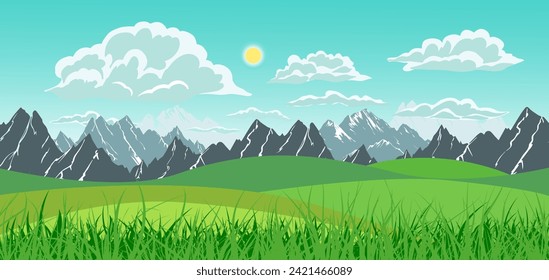 Summer meadow. Sunny mountain summer landscape. hand drawing. Not AI, Vector illustration