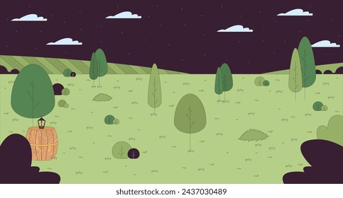 Summer meadow under night sky cartoon flat illustration. Calm scenery spring. Grassy hill at night 2D line scenery colorful background. Summertime nature stars nightime scene vector storytelling image