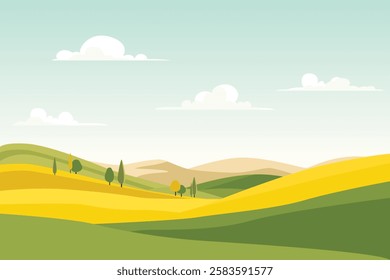 Summer meadows and fields against the backdrop of hills and mountains. Yellow and green fields and meadows, hills and mountains. Landscape of green meadows and yellow fields, trees and hills.