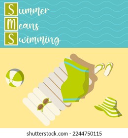 Summer means swimming. Square shaped beach vacation background and cursive lettering