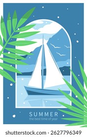 Summer Mediterranean background, time to travel. Landscape with a sailboat or yacht and mountains. Tourism concept, travel and adventure, vacation. Vector illustration for poster, cover, sales
