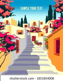 Summer mediterranean cityscape with traditional houses, cypresses, flowers and hills in the background. Handmade drawing vector illustration. Retro style poster.