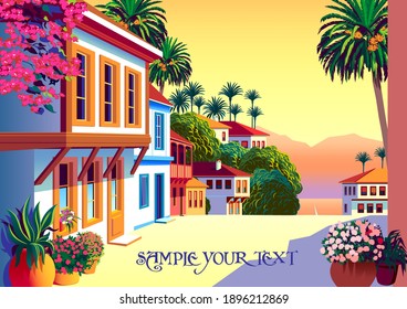 Summer mediterranean cityscape with traditional houses, palm trees and dea in the background. Handmade drawing vector illustration. Retro style poster.